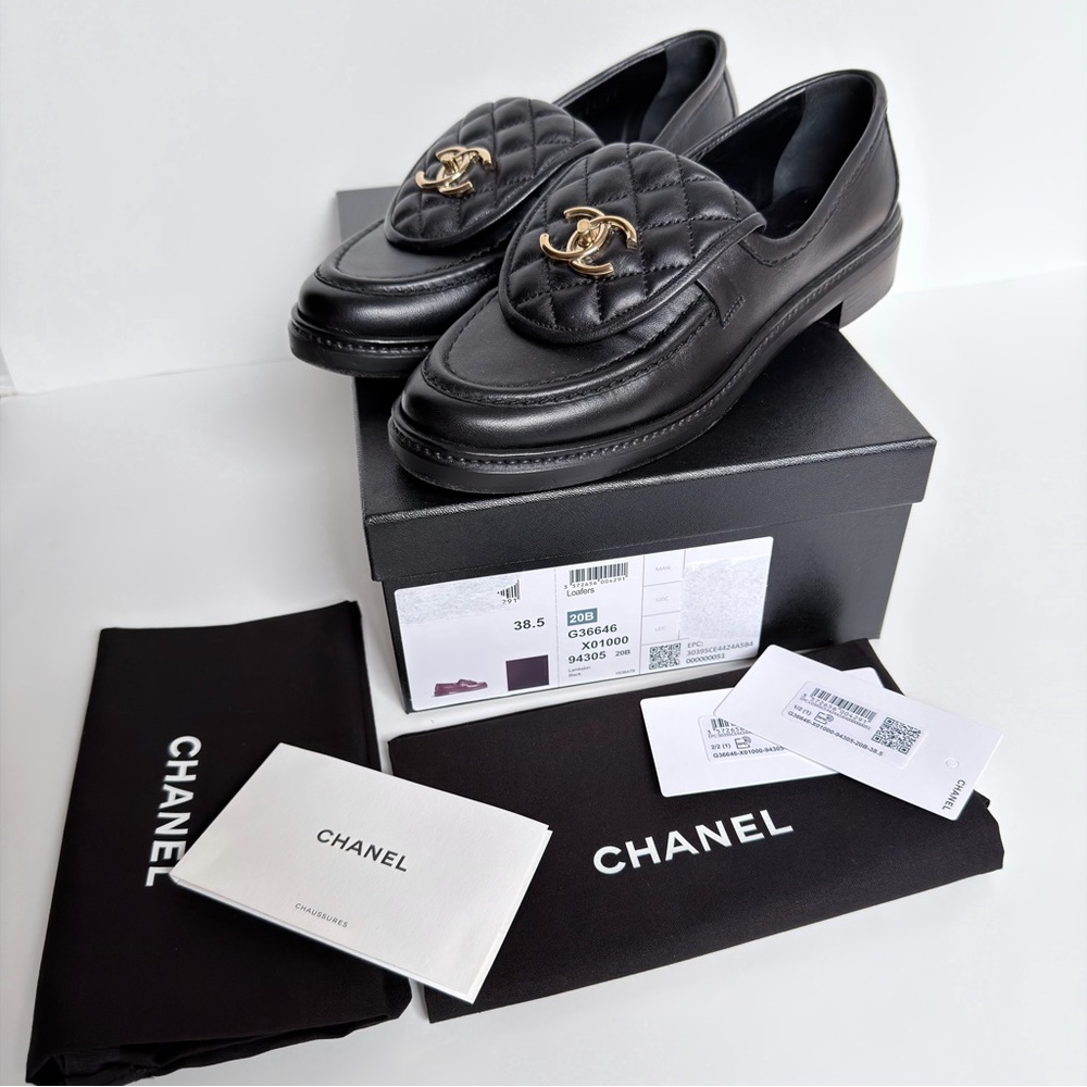 Chanel Black Loafers with Gold Logo Italy size 38.5